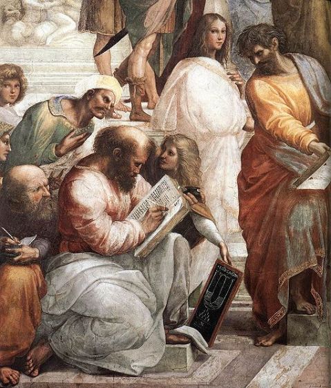 Pythagoras is the bald one in the middle, he is teaching his disciples music.
